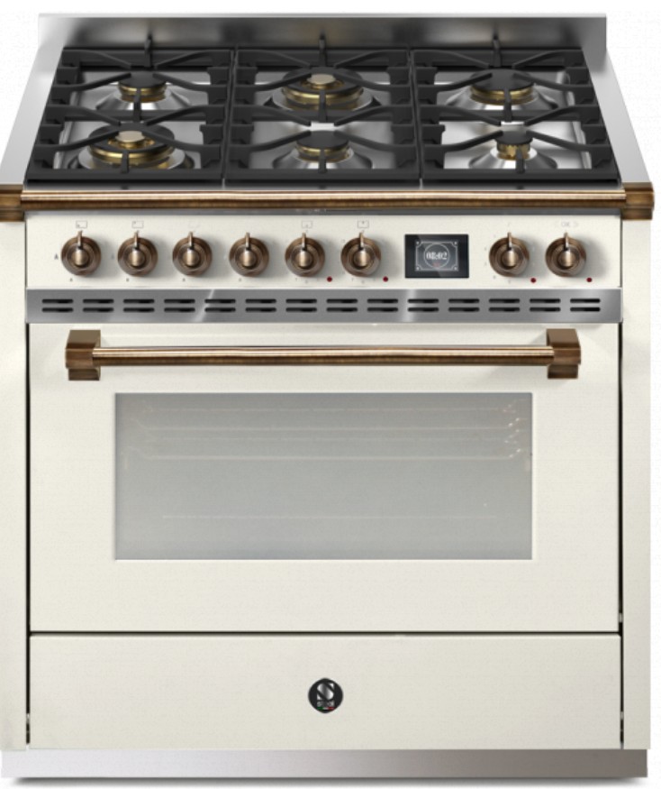 Freistehender Gasherd 90 cm, 6 Flammen, creme, Backofen