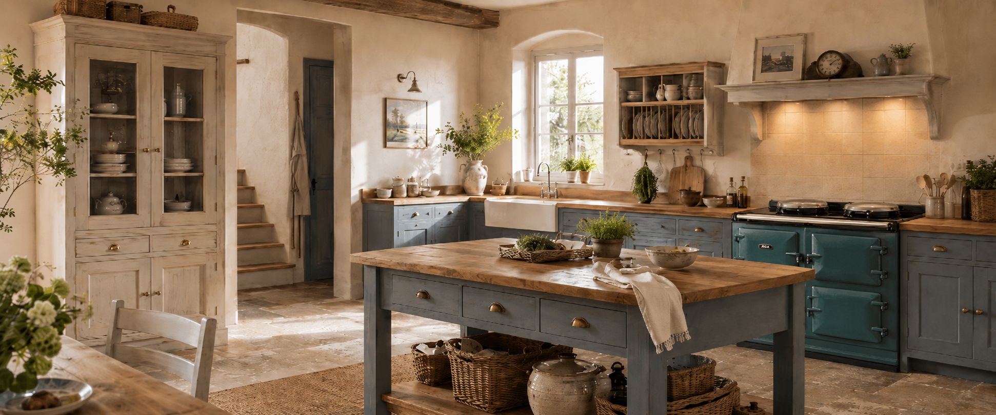 Produktfoto: Massivholz-Kücheninsel im Landhausstil mit Schubladen; umgeben von blaugrauen Unterschränken, AGA-Ofen, Keramikspüle und Holzarbeitsplatten – warme, rustikale Küche als Einsatzbeispiel der Kücheninsel.