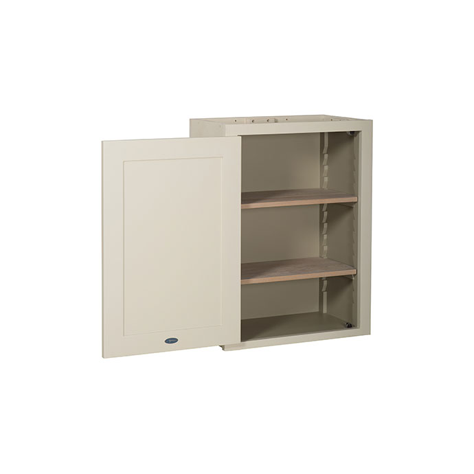 Küchenschrank mit offener Tür und zwei verstellbaren Einlegeböden in Beige Beiger Küchenschrank mit geöffneter Tür, zwei verstellbaren Einlegeböden und schlichtem Design