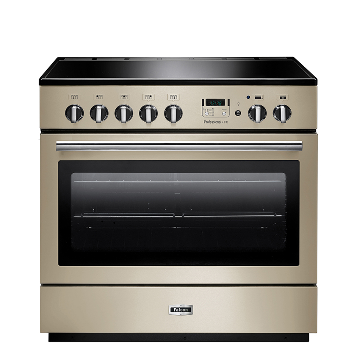 Falcon Professional+ FX Induktionsherd in Creme mit großem Backofen und sechs Drehreglern Induktionsherd Falcon Professional+ FX in cremefarbener Ausführung mit großem Sichtfenster und Bedienelementen