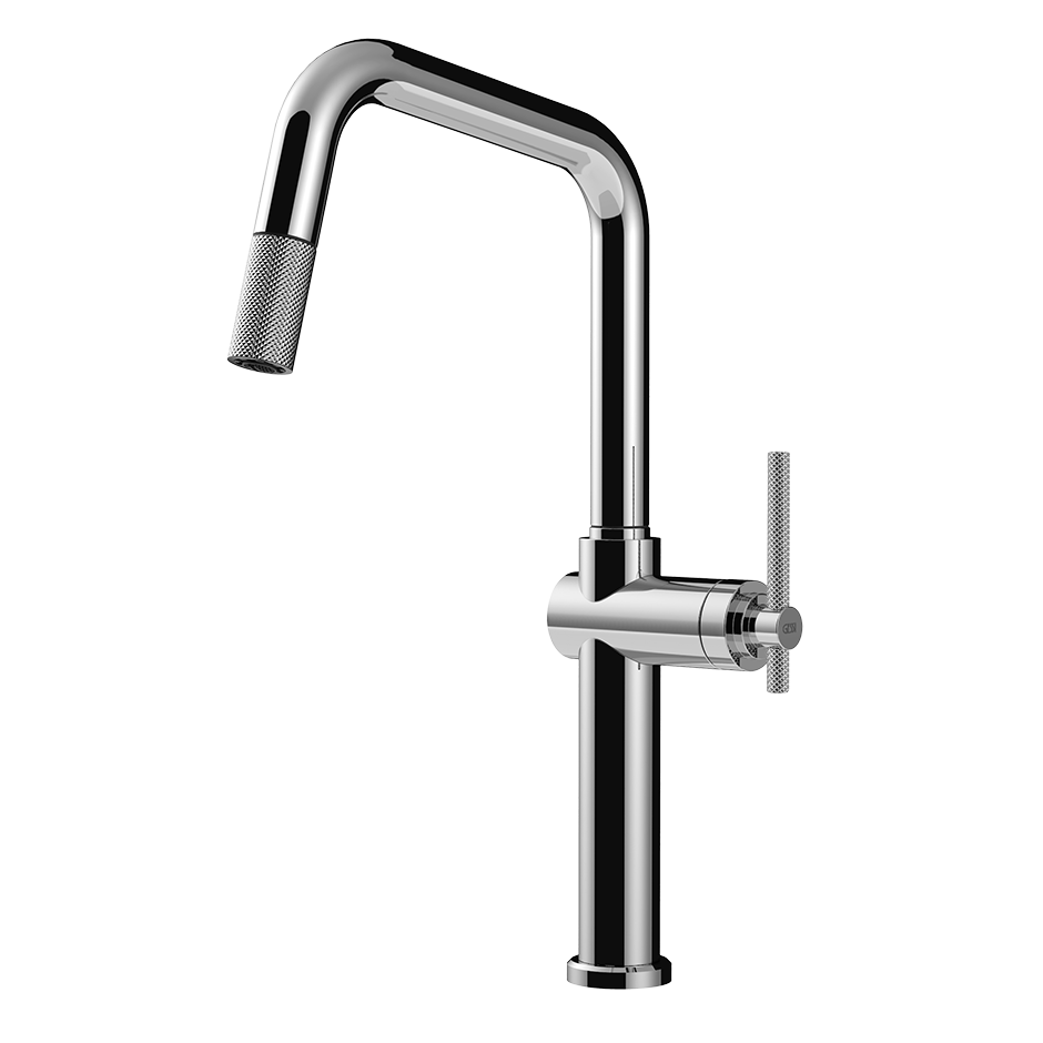 Moderne Chrom-Küchenarmatur mit hohem schwenkbarem Auslauf