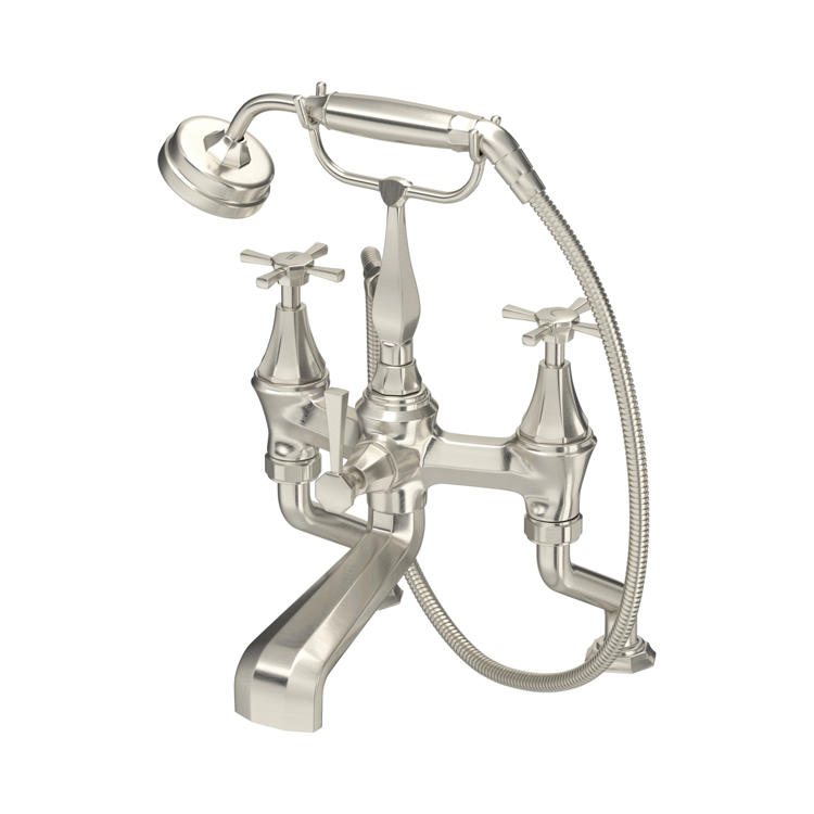 Badewannenarmatur im Vintage-Design aus gebürstetem Nickel mit 2 Kreuzgriffen, Auslauf und flexibler Handbrause, zur Wannenrandmontage – eleganter Mischer für die Badewanne