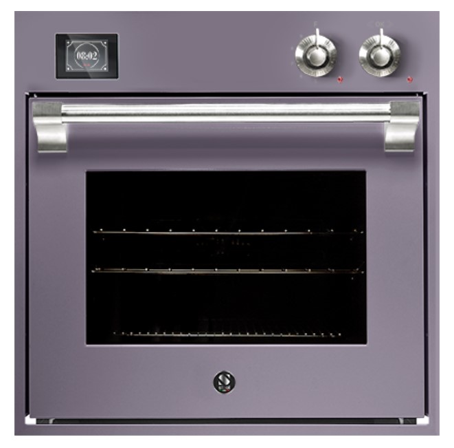 Lila Einbau-Backofen mit digitaler Anzeige, zwei Bedienknöpfen und Edelstahlgriff, geschlossen
