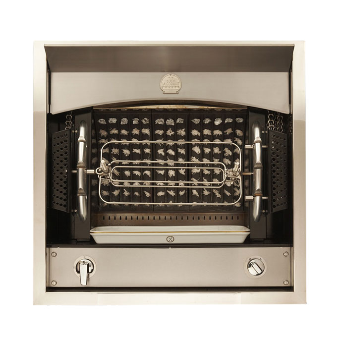 Hochwertiger Einbau-Gasgrill mit Drehspieß aus Edelstahl für die Outdoor-Küche Ein Einbau-Gasgrill aus Edelstahl mit integriertem Drehspieß und Grillrost, ideal für die Zubereitung von Fleisch und Gemüse in der Outdoor-Küche