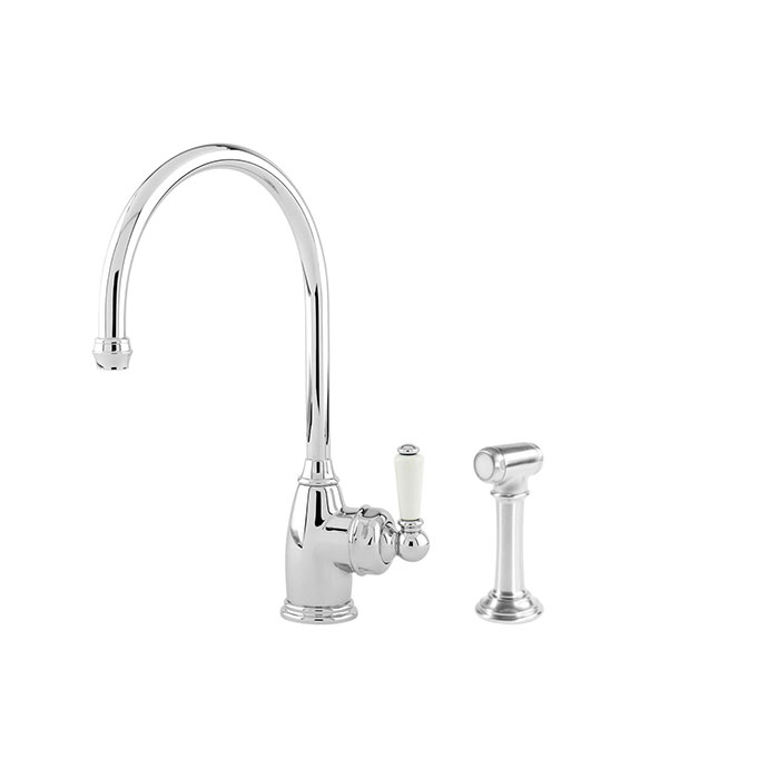 Elegante Küchenarmatur mit hohem Auslauf und separatem Spülbrauseaufsatz in Chromoptik Küchenarmatur mit gebogenem Auslauf und separatem Spülbrauseaufsatz, Chrom, klassisches Design