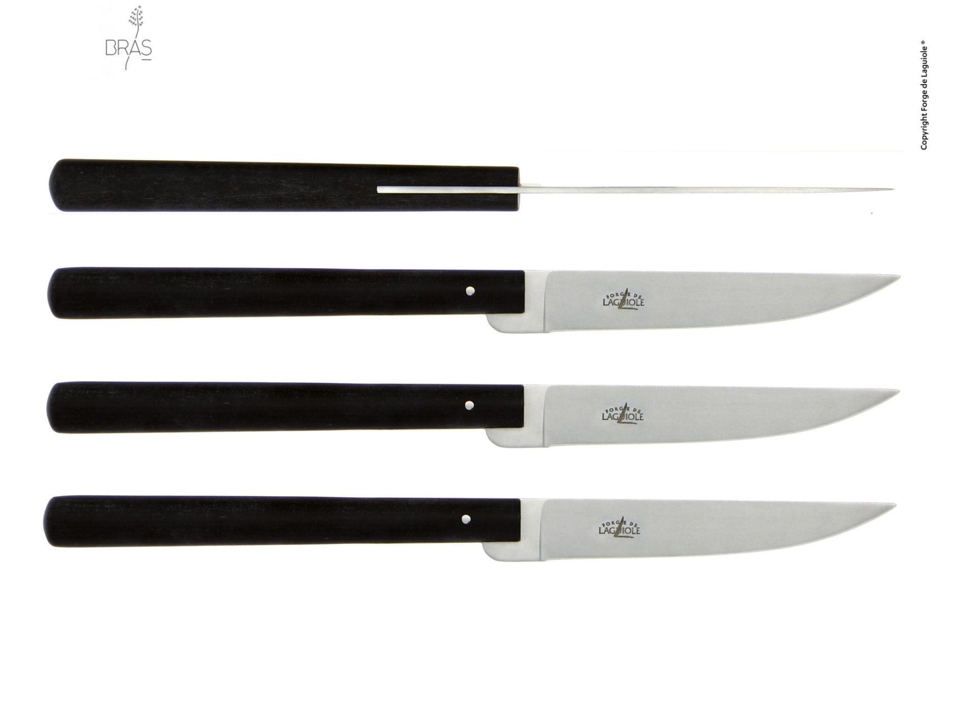 Laguiole Steakmesserset mit schwarzem Griff, 4 Messer und 1 Wetzstahl – hochwertiges Besteck für den gedeckten Tisch Fünfteiliges Laguiole Steakmesserset mit vier schwarzen Steakmessern und einem passenden Wetzstahl, nebeneinander angeordnet