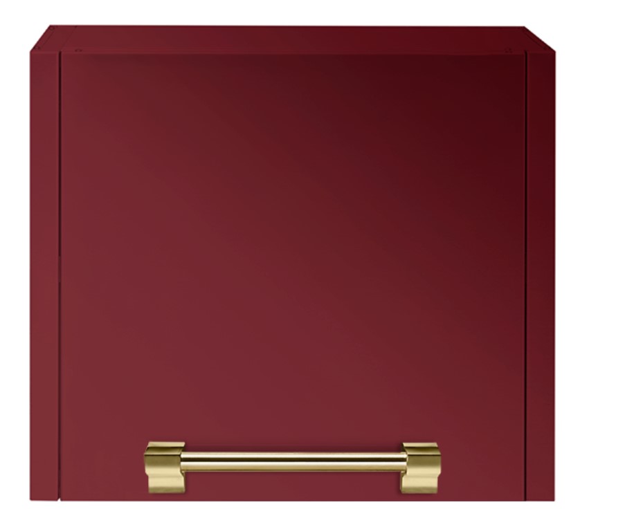 Küchenschrankfront in Bordeauxrot mit goldfarbenem Griff, modernes Design Bordeauxrote Küchenschrankfront mit einem eleganten goldfarbenen Griff in moderner Optik