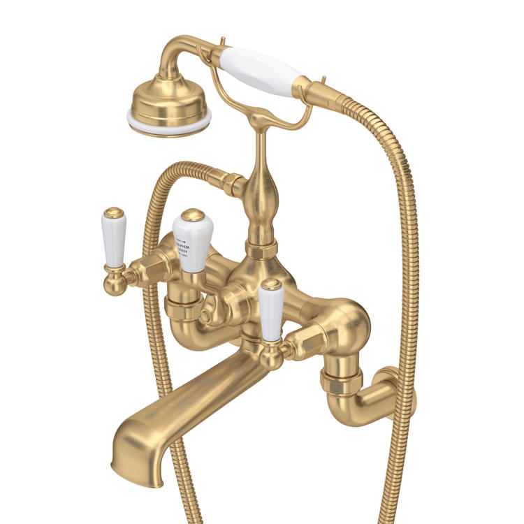 Perrin & Rowe Traditional 3510 Badewannenarmatur mit Handbrause für Wandmontage in Messing satiniert