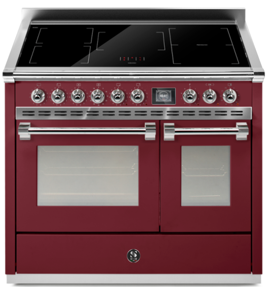 Freistehender Induktionsherd in Bordeauxrot, 90 cm, mit 5 Kochzonen, zwei Backöfen, großem Griff und Edelstahlblende – eleganter Range Cooker für die Familienküche