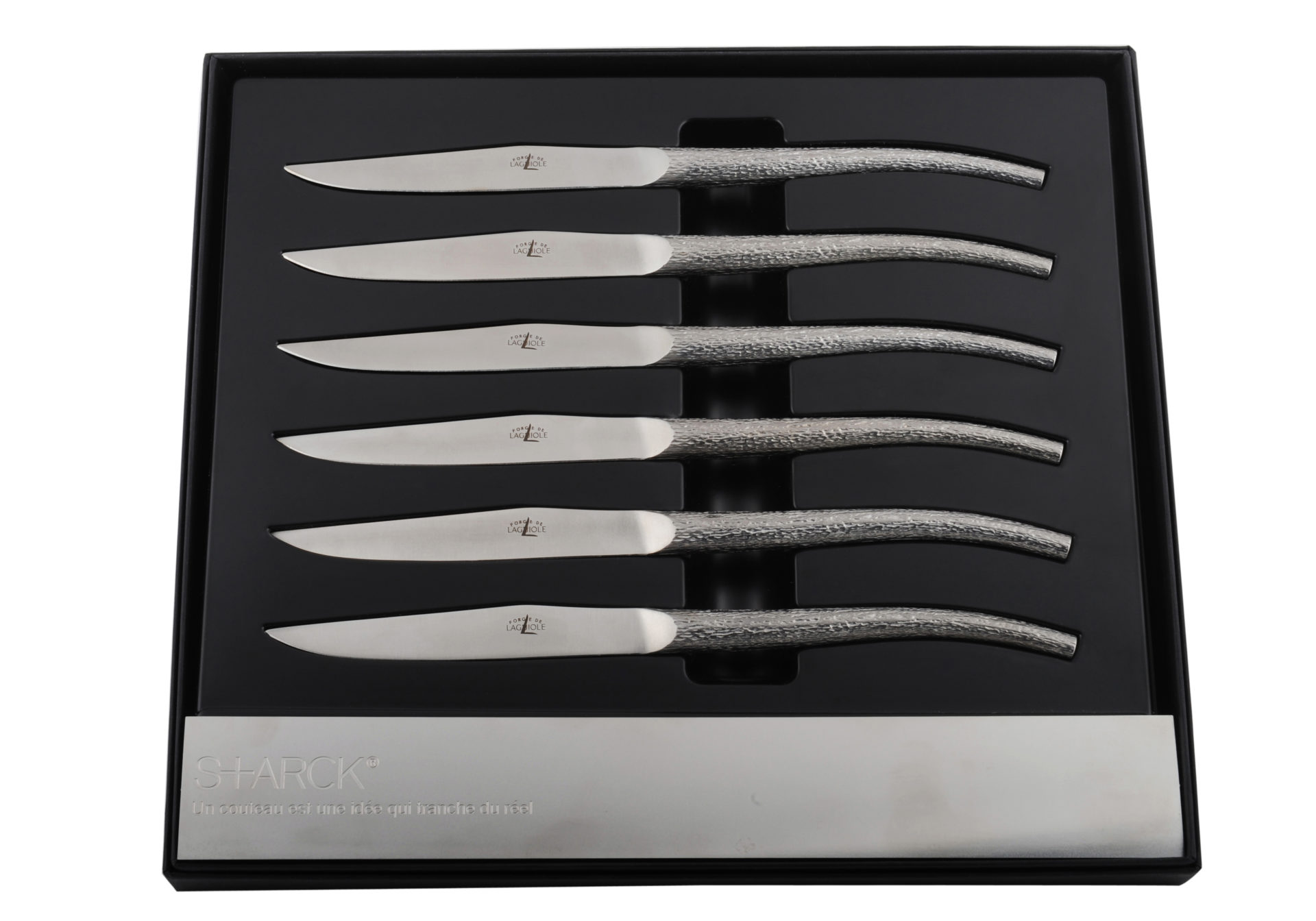 Laguiole by Starck Steakmesser Set, 6-teilig, Edelstahl, Design-Besteck im Geschenkkarton Sechs Steakmesser aus Edelstahl im exklusiven Geschenkkarton, Laguiole by Starck, modernes Design-Besteck