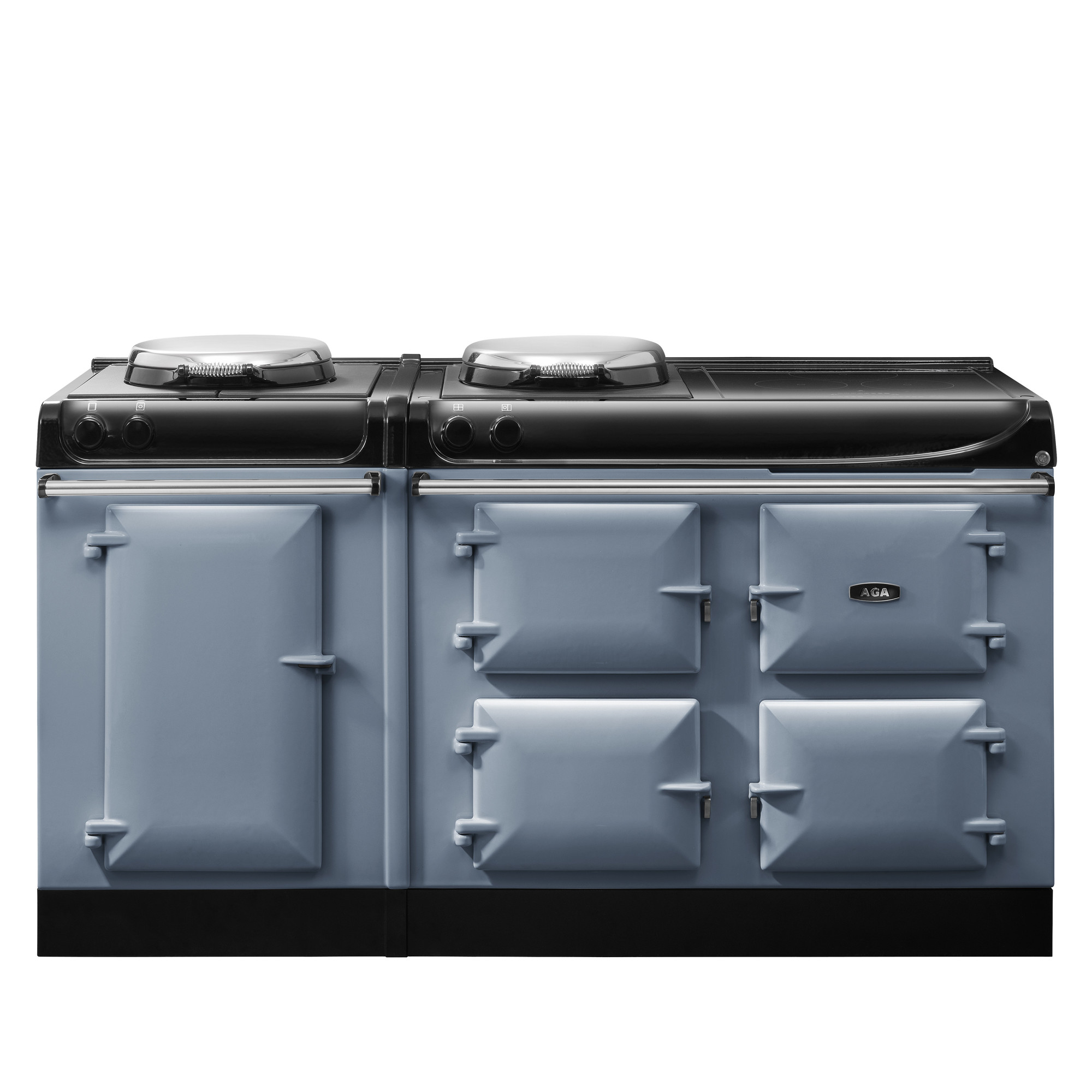 AGA Herd in Hellblau mit vier Backofenfächern und zwei Kochplatten, klassisches Küchengerät Klassischer AGA Herd in hellblauer Farbe mit vier Backofenfächern und zwei Kochplatten, freistehend, Frontansicht