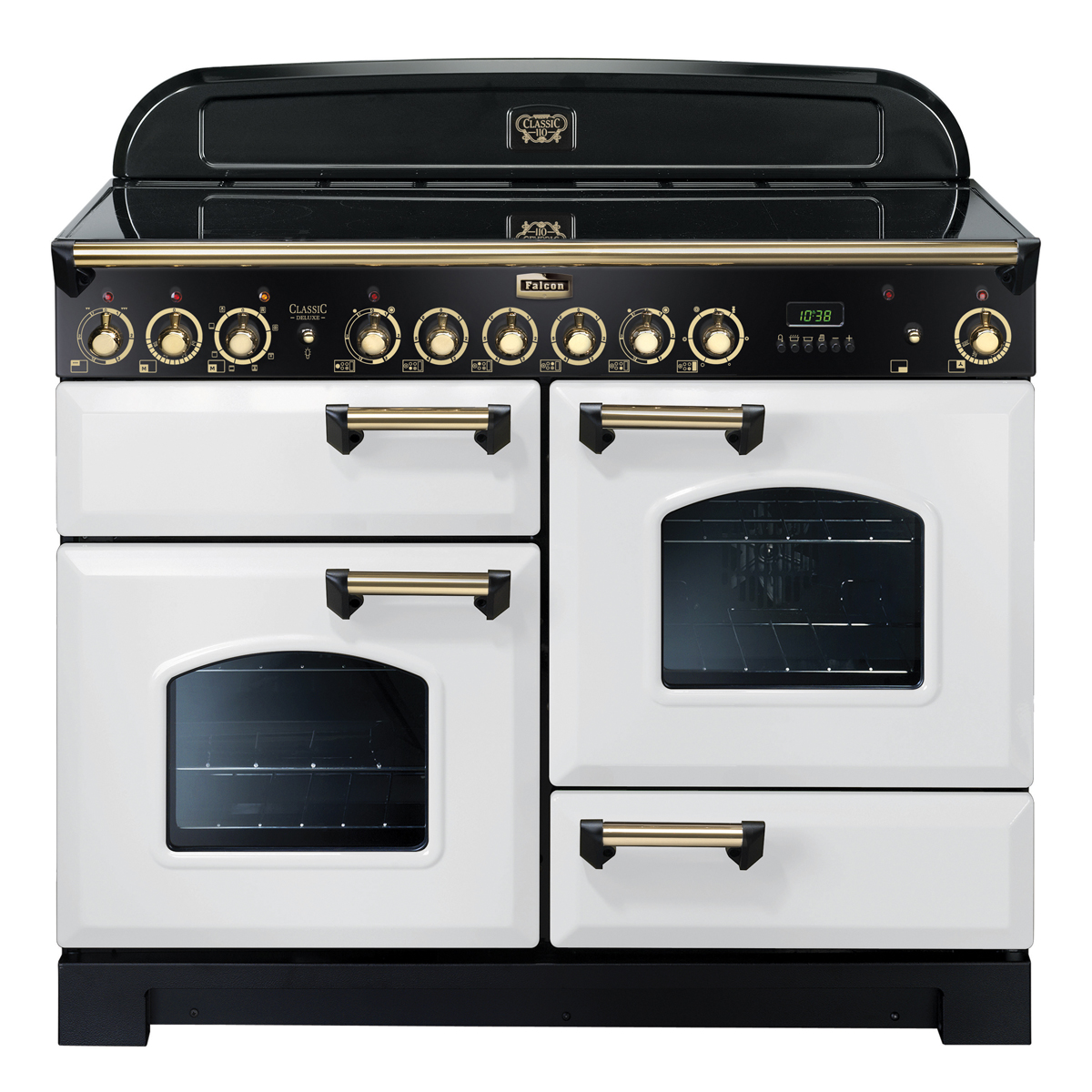 Falcon Classic Deluxe Standherd mit Induktionskochfeld, weiß, 110 cm, multifunktional Weißer Falcon Classic Deluxe Standherd mit Induktionskochfeld, mehreren Backöfen und goldfarbenen Bedienelementen