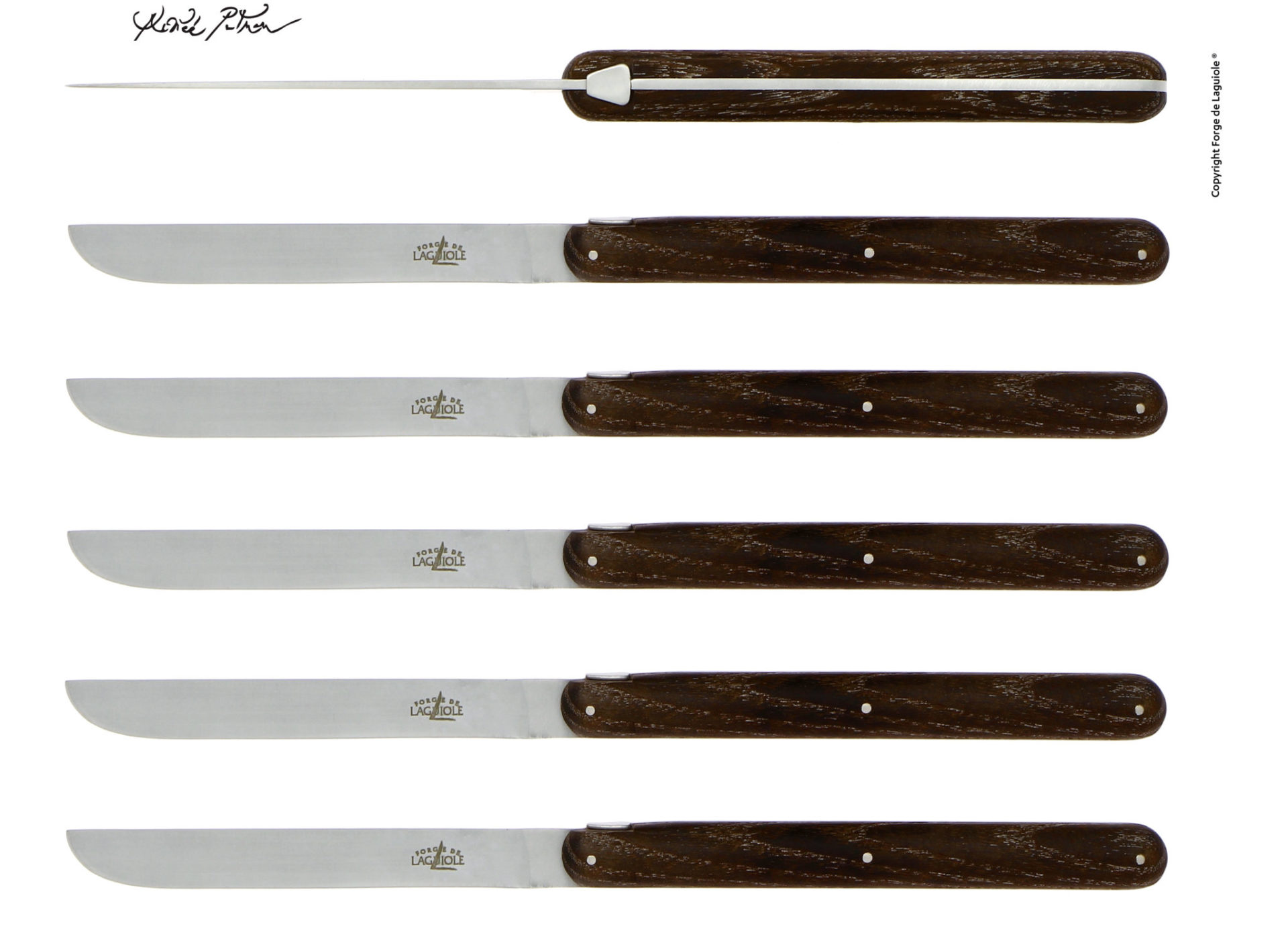 Laguiole Steakmesser Set mit Griff aus dunklem Holz, 6-teilig Sechs Laguiole Steakmesser mit Edelstahlklinge und dunklem Holzgriff, nebeneinander angeordnet
