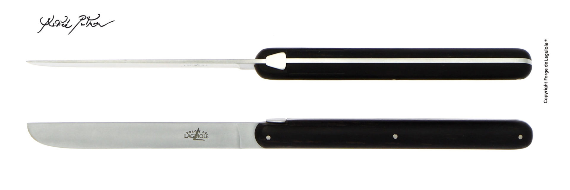 Laguiole Tafelmesser mit Ebenholzgriff – Edelstahlklinge, traditionell gefertigt Traditionelles Laguiole Tafelmesser mit schwarzem Ebenholzgriff und Edelstahlklinge, seitlich und von oben abgebildet