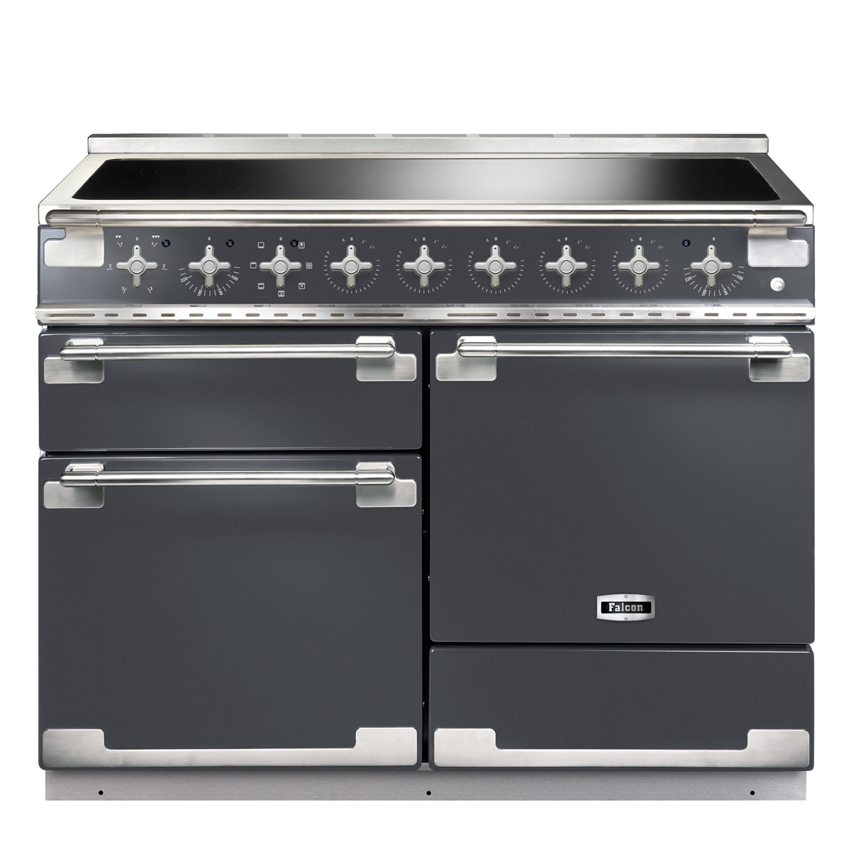 Moderner schwarzer Falcon Induktionsherd mit mehreren Backöfen und Edelstahlgriffen