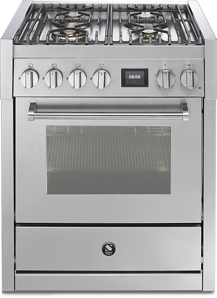 Freistehender Edelstahl-Gasherd mit Backofen und digitaler Zeitanzeige Moderner Gasherd aus Edelstahl mit vier Kochfeldern, integriertem Backofen und digitaler Uhr auf der Front