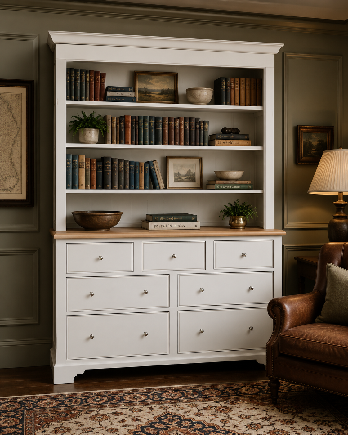 Weiße Buffetkommode mit Bücherregal-Aufsatz im Wohnzimmer, Holzplatte, Metallknöpfe, gefüllt mit Büchern und Deko; elegantes Aufbewahrungsmöbel im Landhausstil