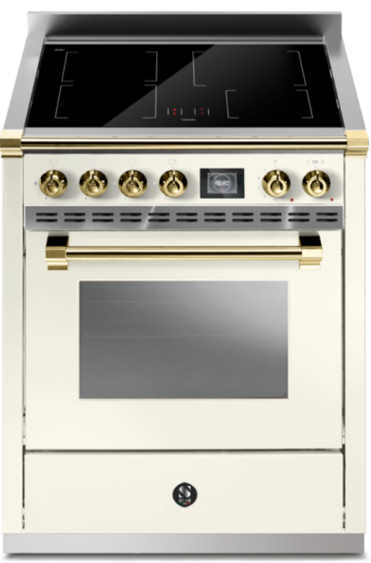 Standherd mit Induktion und Ofen, Creme mit Messing