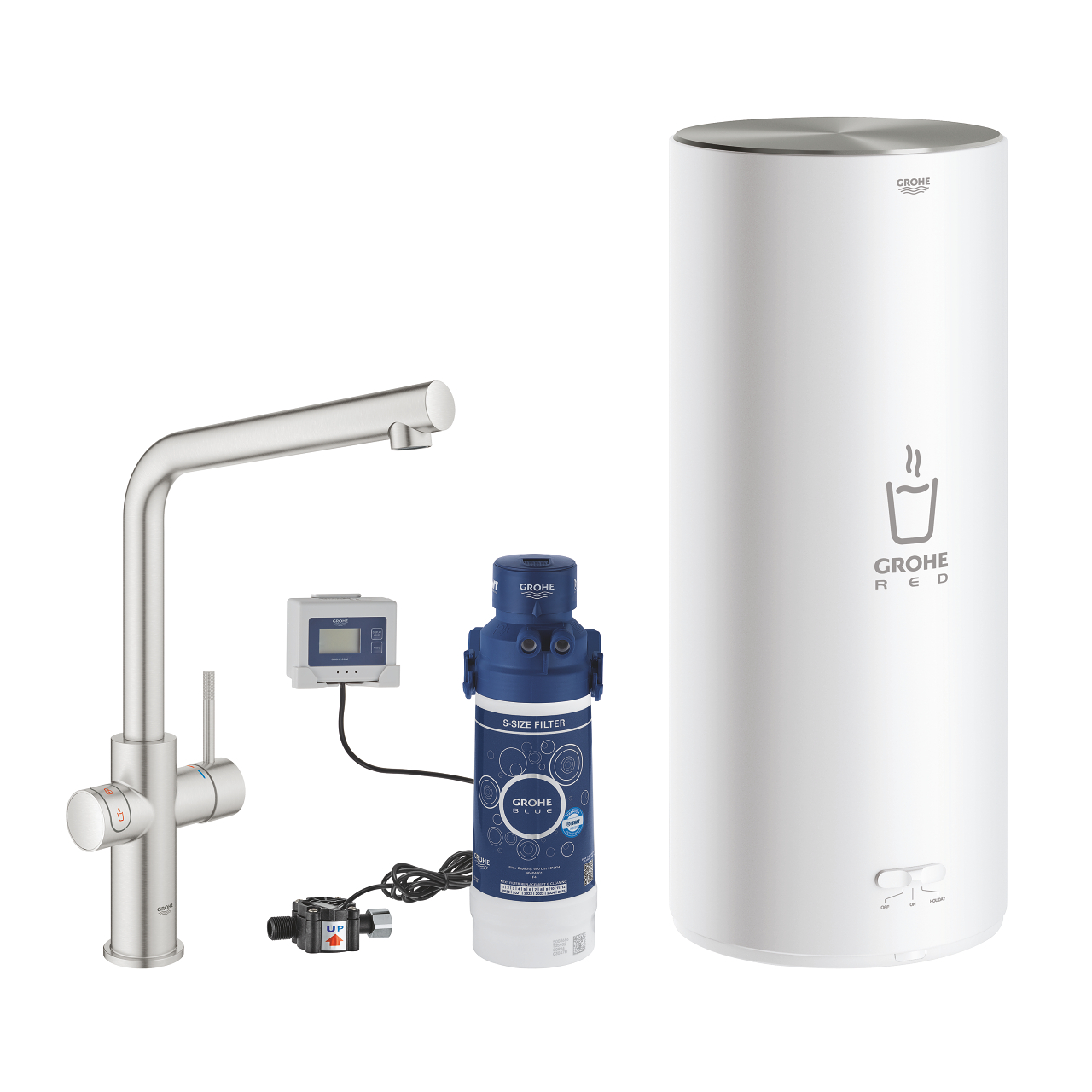 Set bestehend aus GROHE Wasserhahn, Boiler, Filter und Steuergerät für sofortige Heißwasserbereitstellung