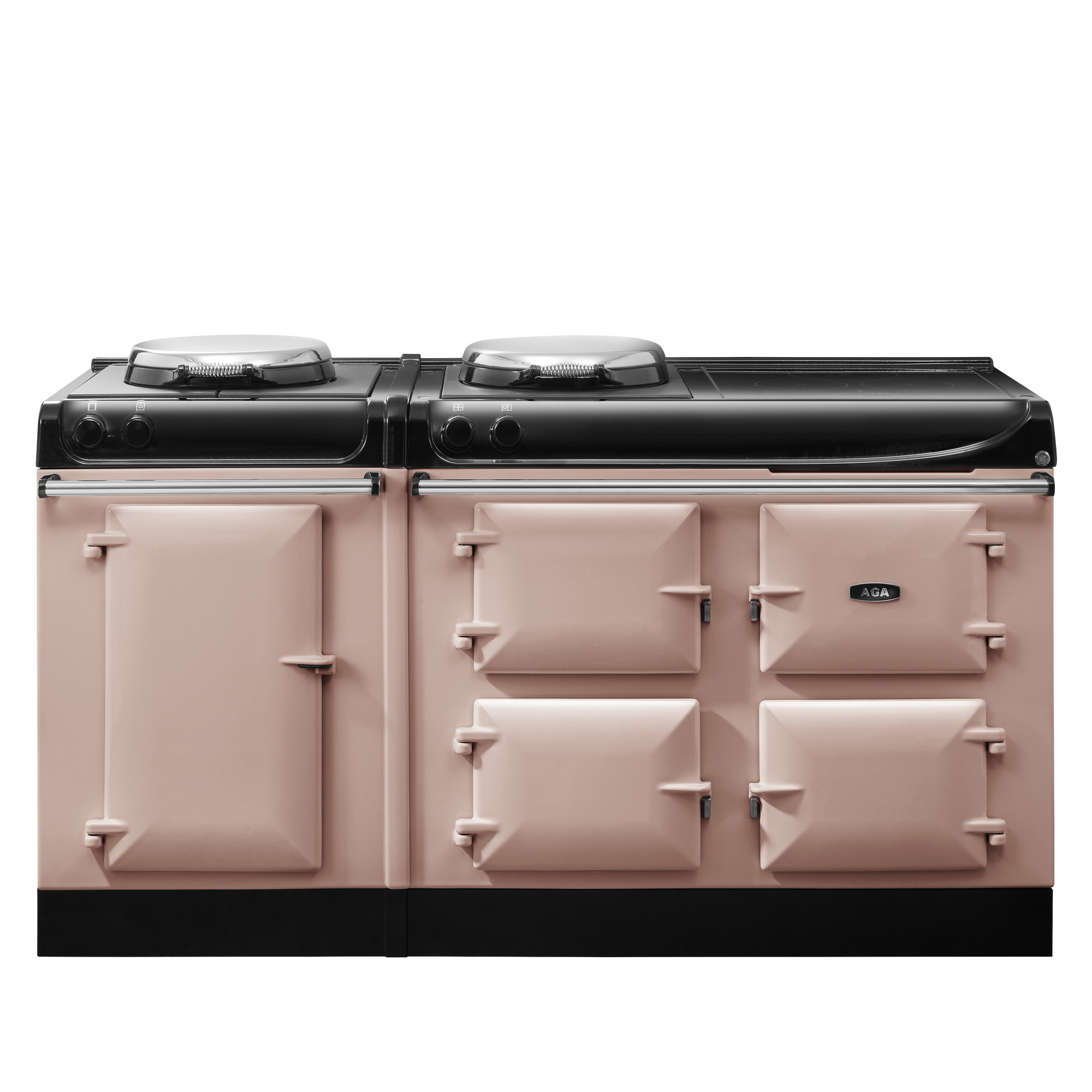AGA Herd in Rosé mit mehreren Backöfen und Kochplatten – Klassischer Küchenherd im Retro-Design Rosafarbener AGA Standherd mit vier Backofentüren und zwei Kochplatten, freistehend, geeignet für große Küchen