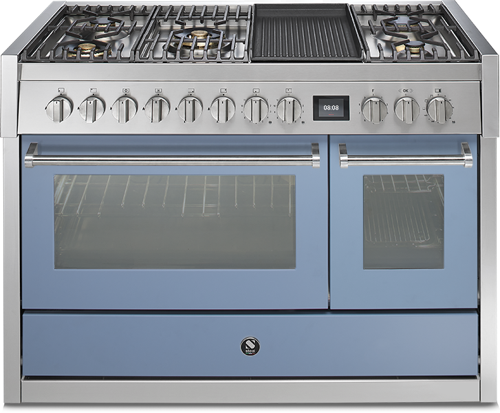 Design-Gasherd mit zwei Backöfen, Grillfläche und fünf Kochfeldern in Edelstahl und Hellblau Moderner Gasherd mit fünf Kochfeldern, Grillplatte und zwei Backöfen in Edelstahl-Design mit hellblauer Front