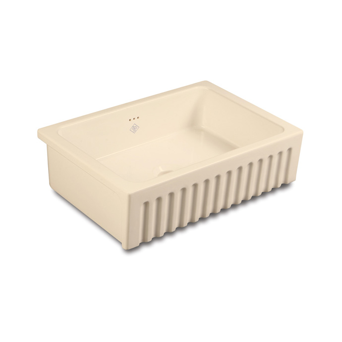 Küchenspüle aus Keramik in Creme mit geriffelter Vorderseite – zeitloses Design für moderne Küchen Keramikspüle in Creme mit geriffeltem Frontdesign, rechteckige Form, geeignet für den Einbau in die Küche