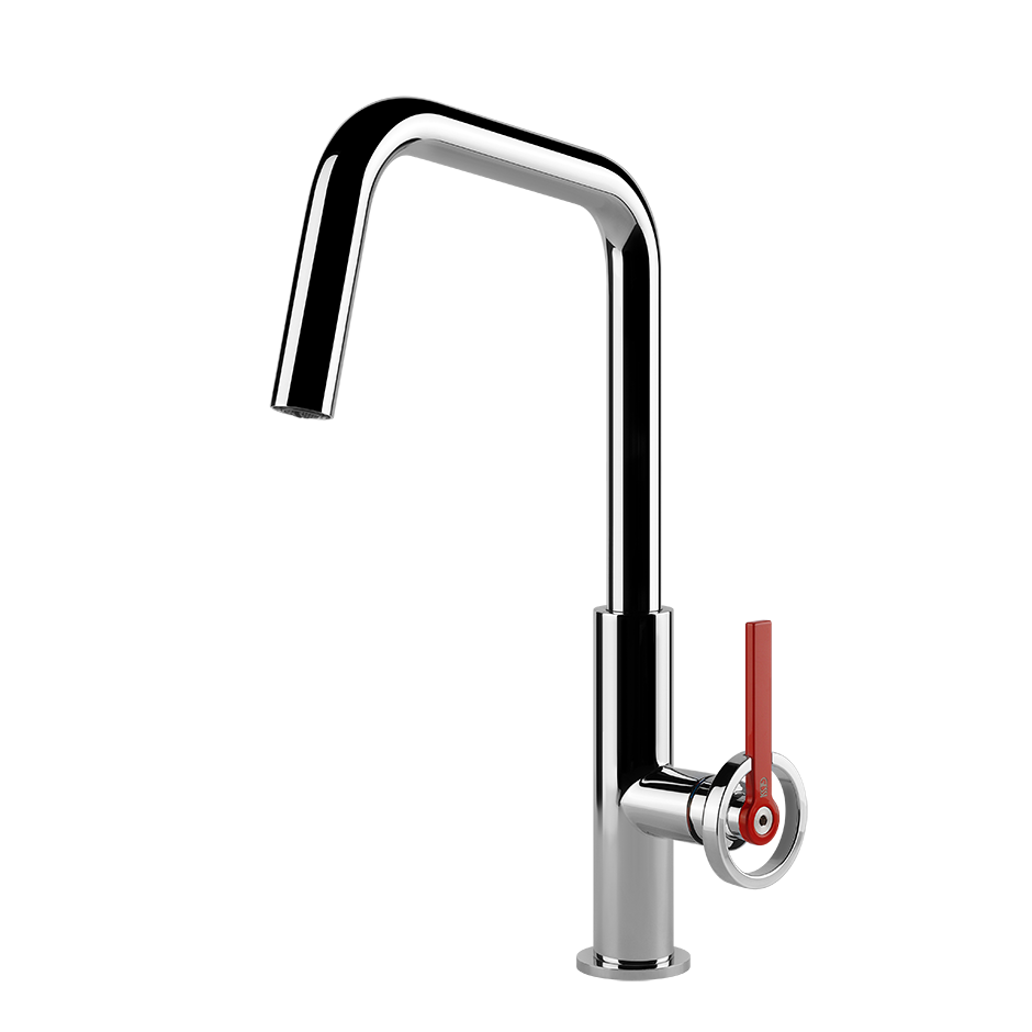 Hochbogen Küchenarmatur aus Chrom, roter Bedienhebel