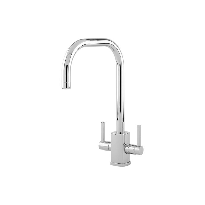 Moderne Küchenarmatur aus Edelstahl mit zwei Hebeln, Hochdruck, schwenkbarer Auslauf Küchenarmatur aus Edelstahl mit zwei Hebeln für kaltes und warmes Wasser, hoher Auslauf