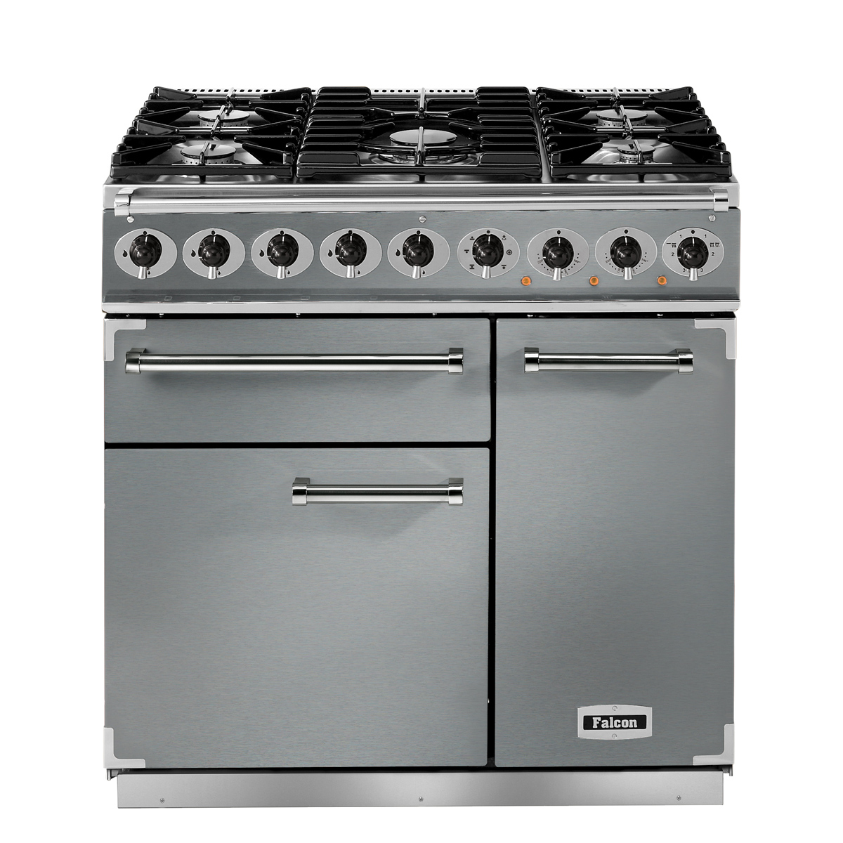 Professioneller Edelstahl-Standherd von Falcon mit fünf Gas-Kochfeldern, Drehknöpfen und zwei Backofentüren, ideal für moderne Küchen