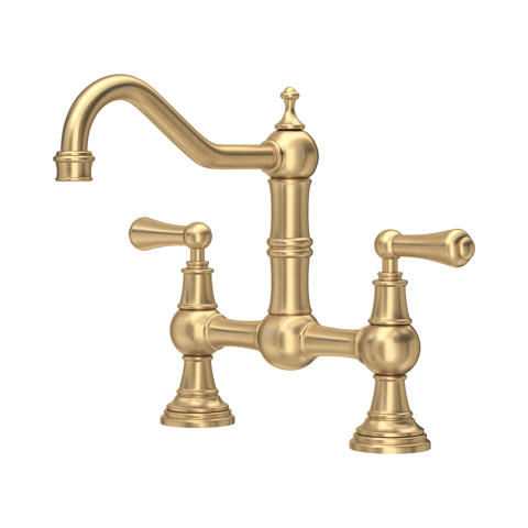 Hochwertige Zweigriff-Bridge-Küchenarmatur aus gebürstetem Messing in Gold mit hohem Schwanenhals-Auslauf, klassischer Landhausstil