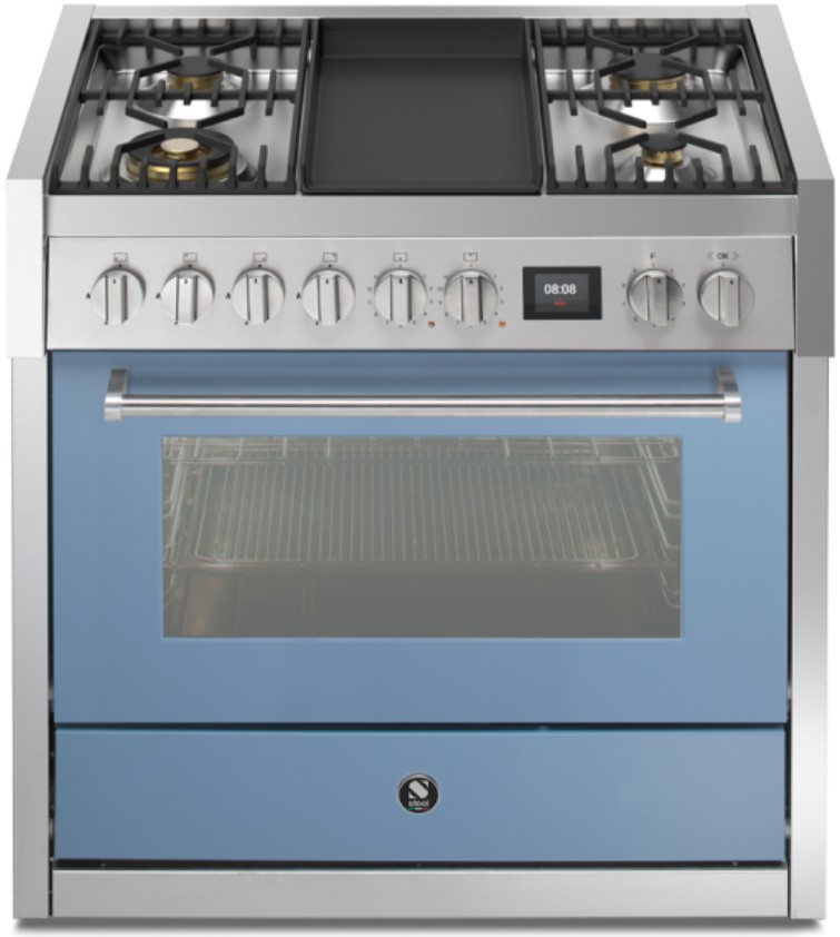 Freistehender Gasherd 90 cm mit 6 Brennern, Plancha, blau