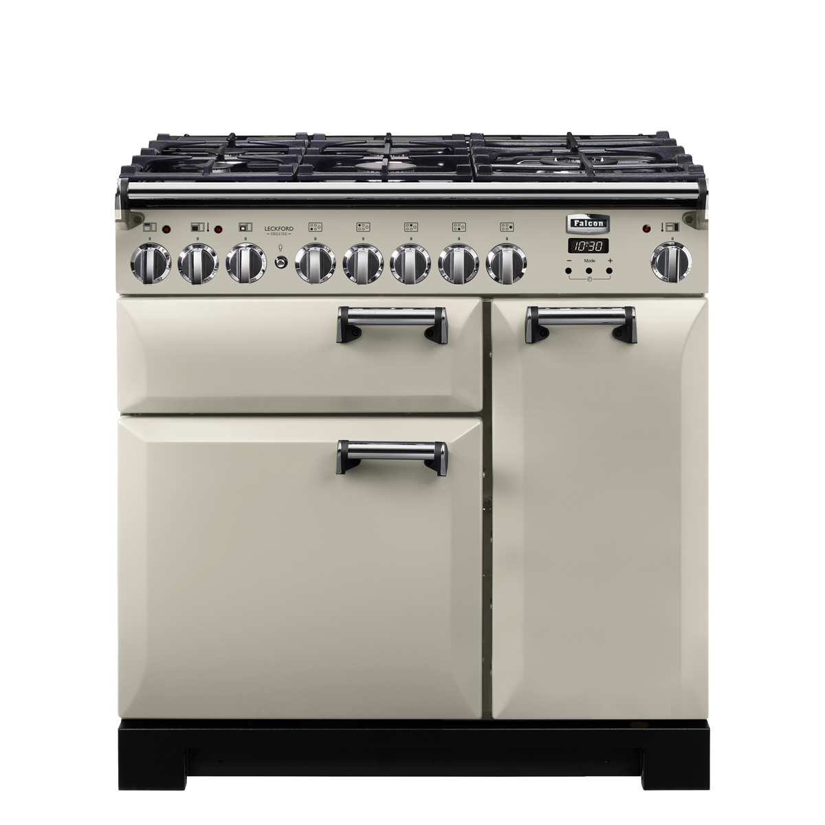 Standherd Falcon Classic Deluxe 90 mit Gas-Kochfeld, drei Öfen und cremefarbener Front für die Küche