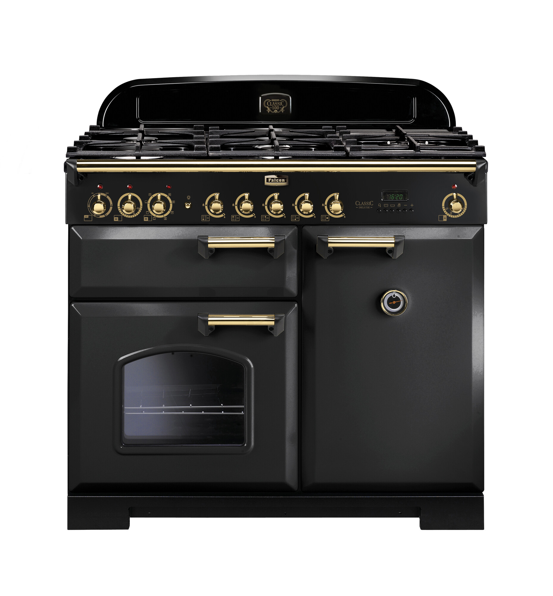 Schwarzer Falcon Classic Deluxe 110 cm Standherd mit Gas-Kochfeldern, Messing-Bedienelementen und drei Backofentüren