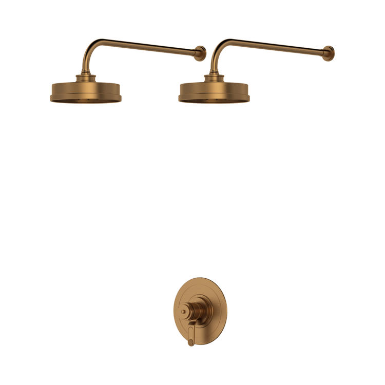 Doppel-Regendusche: zwei runde Regenbrausen mit langen Wandarmen und Einhebelmischer, Oberfläche gebürstetes Messing/Brushed Bronze – luxuriöses Wand-Duschset fürs Bad