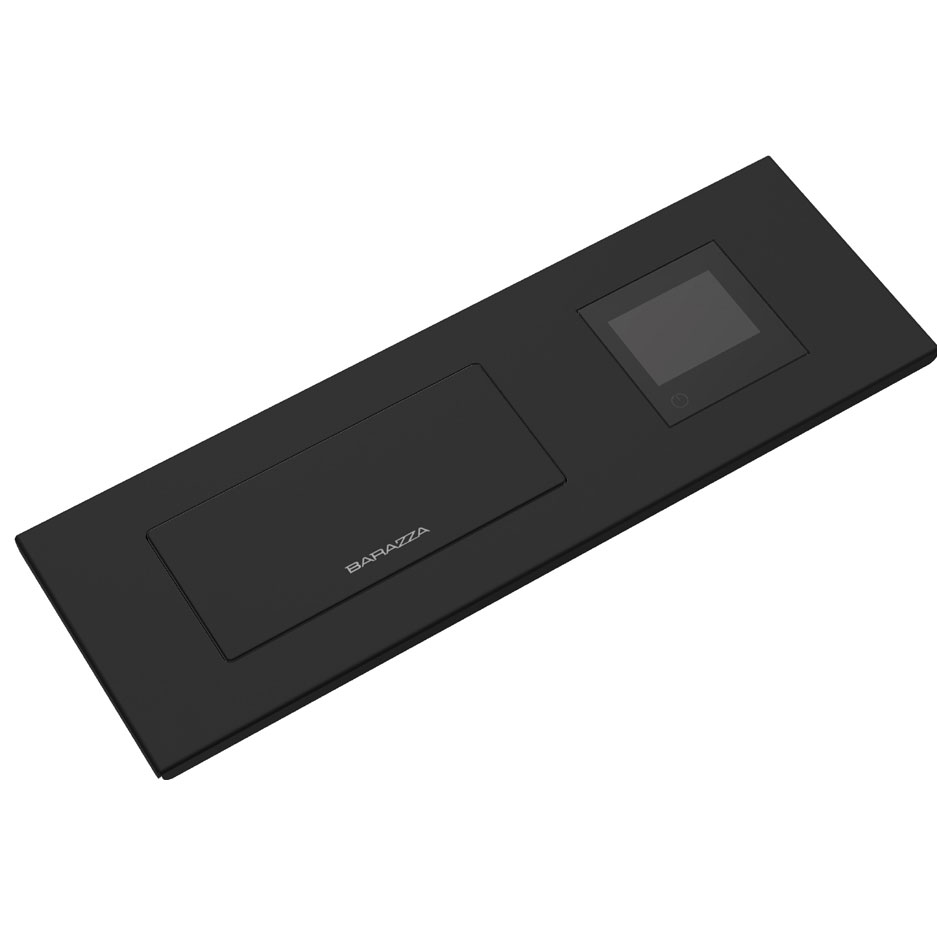 Barazza Touch-Interface in Schwarz für moderne Küchen, mit Bedienfeld und Abdeckung Schwarzes Barazza Touch-Interface mit Bedienfeld und abgedecktem Bereich, geeignet für Kücheninstallationen