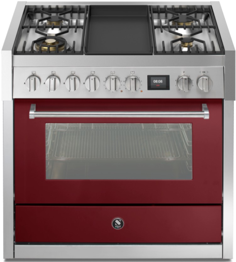 Freistehender Gasherd mit Backofen, rot, Grillplatte