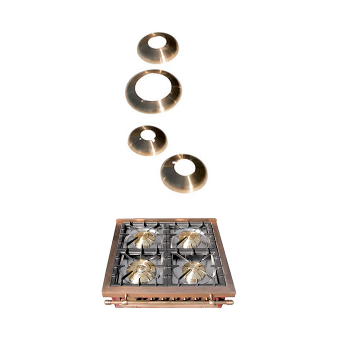 Ersatzteile für Gasherd – Messing-Brenneraufsätze und Gaskochfeld Messing-Brenneraufsätze in verschiedenen Größen sowie ein Gasherd mit vier Kochstellen