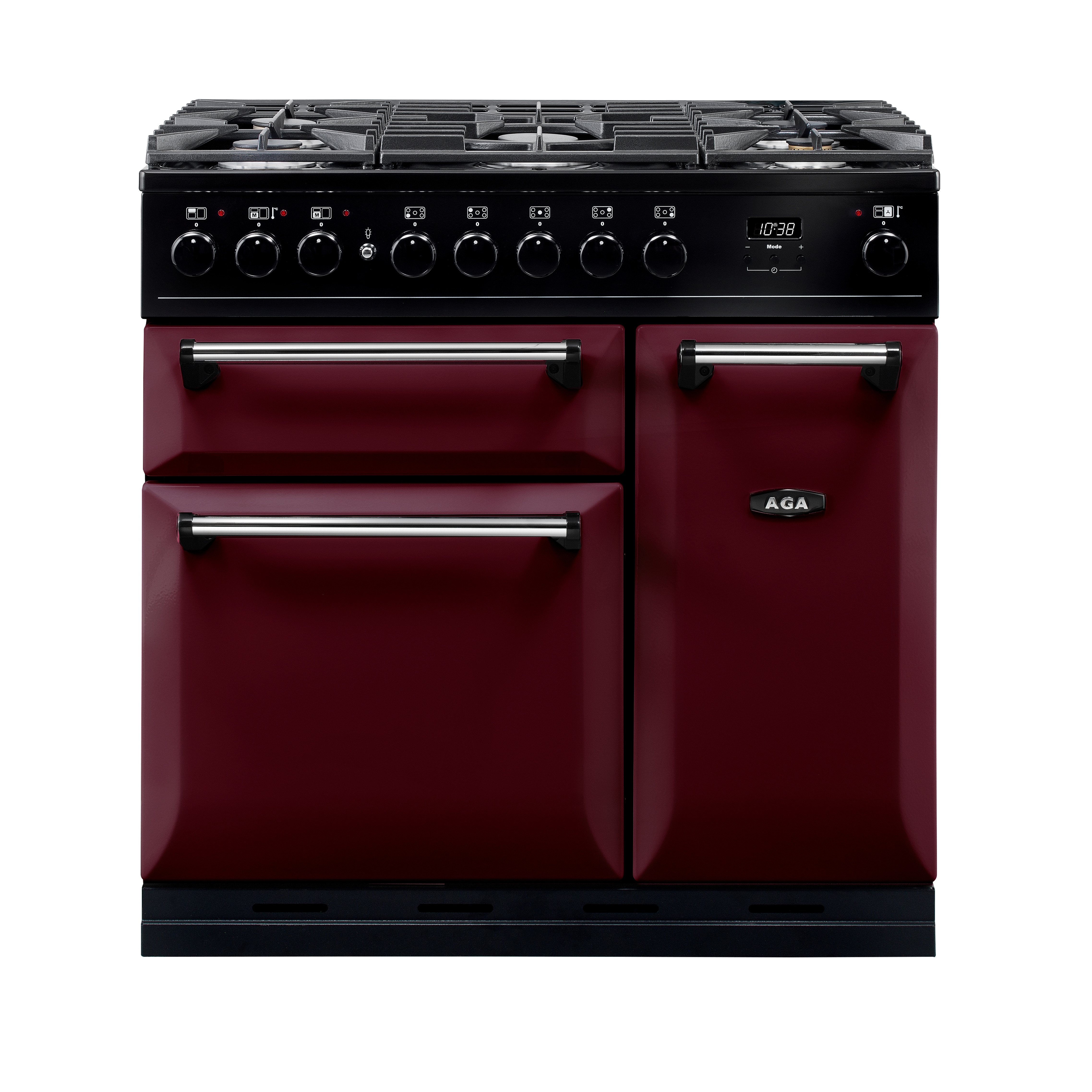 AGA Standherd in Bordeauxrot mit drei Öfen und Gaskochfeld, modernes Design Bordeauxroter AGA Standherd mit Gaskochfeld, drei Backofenfächern und silbernen Griffen