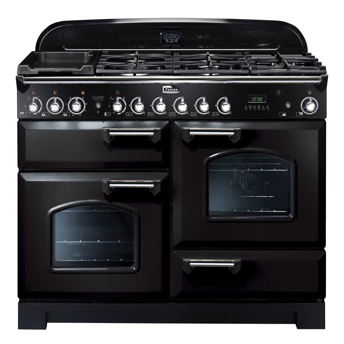 Schwarzer Falcon Classic Deluxe 110 Standherd mit mehreren Öfen und Gaskochfeld, ideal für große Küchen