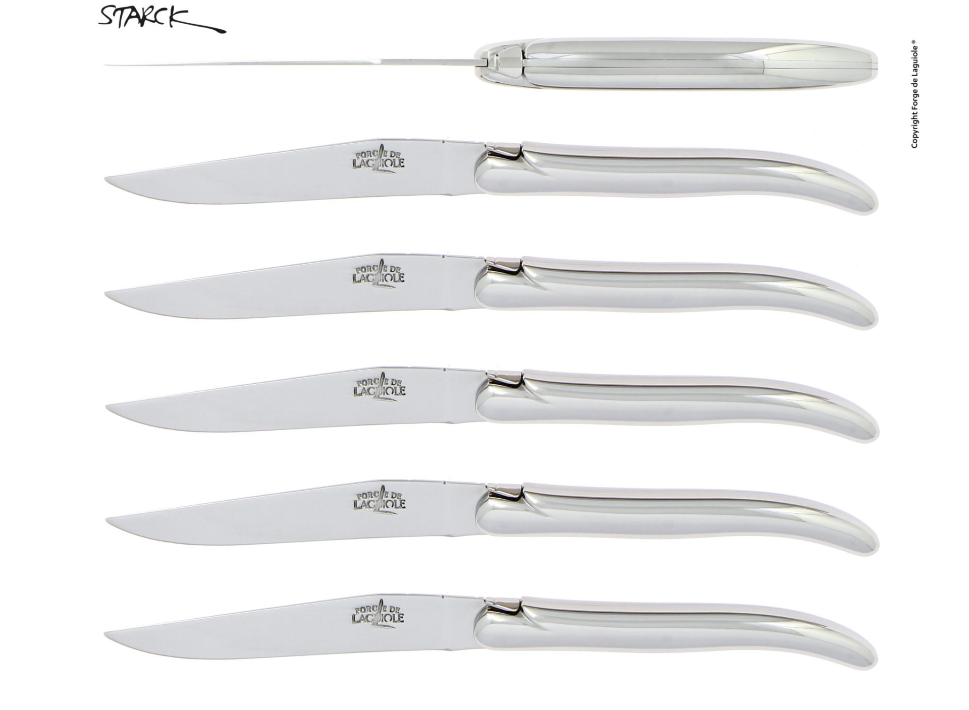 Forge de Laguiole Steakmesser Set Philippe Starck, 6-teilig, Edelstahl Sechs Forge de Laguiole Steakmesser by Philippe Starck aus Edelstahl in eleganter Anordnung