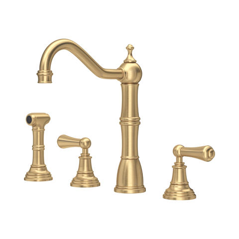 Hochwertige Küchenarmatur aus Messing in Gold, 4-Loch-Montage, Zweigriffmischer mit hohem Auslauf und separater Seitensprühbrause, klassisches Retro-Design