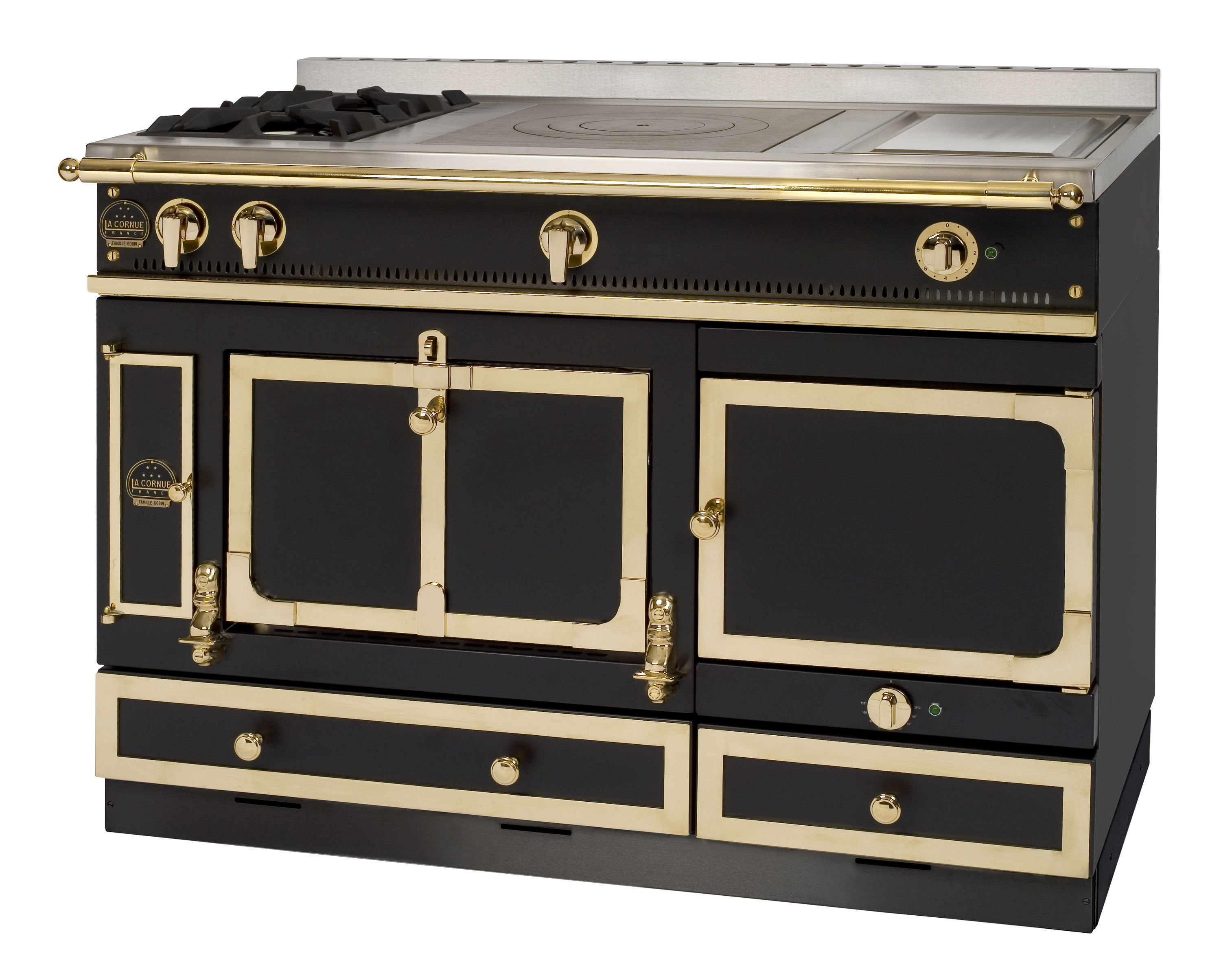 Luxuriöser schwarzer Herd mit goldenen Akzenten und mehreren Koch- und Backmöglichkeiten Eleganter, schwarzer Küchenherd mit goldfarbenen Verzierungen, mehreren Backofenfächern und Kochplatten, freistehend