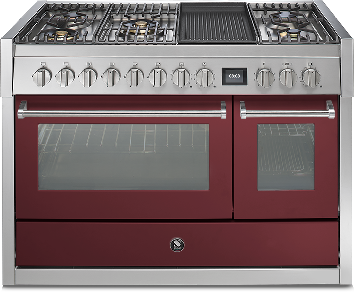 Moderne Standherd-Kombination mit Gas-Kochfeld, Grillplatte und zwei Backöfen in Bordeauxrot, Edelstahl-Design Großer bordeauxroter Standherd mit Edelstahloberfläche, Gaskochfeld, Grillplatte und zwei separaten Backofenfächern