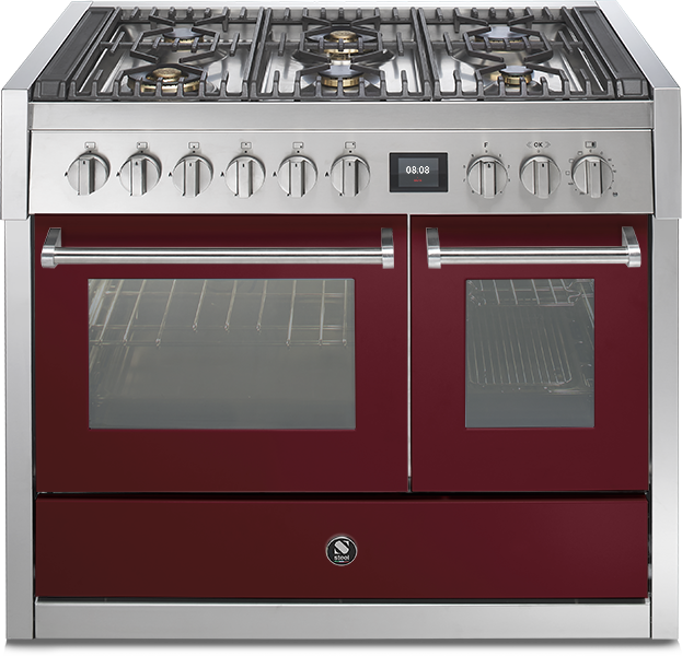 Moderner Gasherd mit zwei Backöfen, 6 Gasbrennern und Bedienelementen, in bordeaux-roter Farbe mit Edelstahlelementen