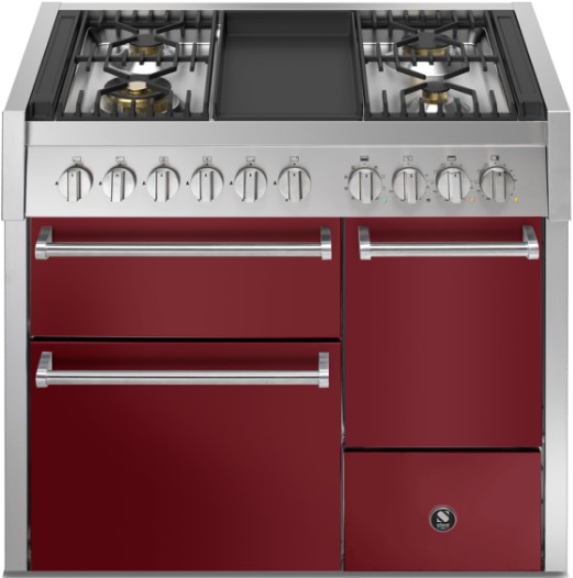 Roter Gas-Standherd, 4 Brenner, Grillplatte, Edelstahl