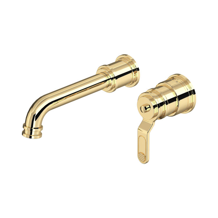 Goldene Wandarmatur für das Waschbecken, 2-Loch-Set aus poliertem Messing mit geschwungenem Auslauf und Einhebel-Bedienung – elegante Retro-Badarmatur