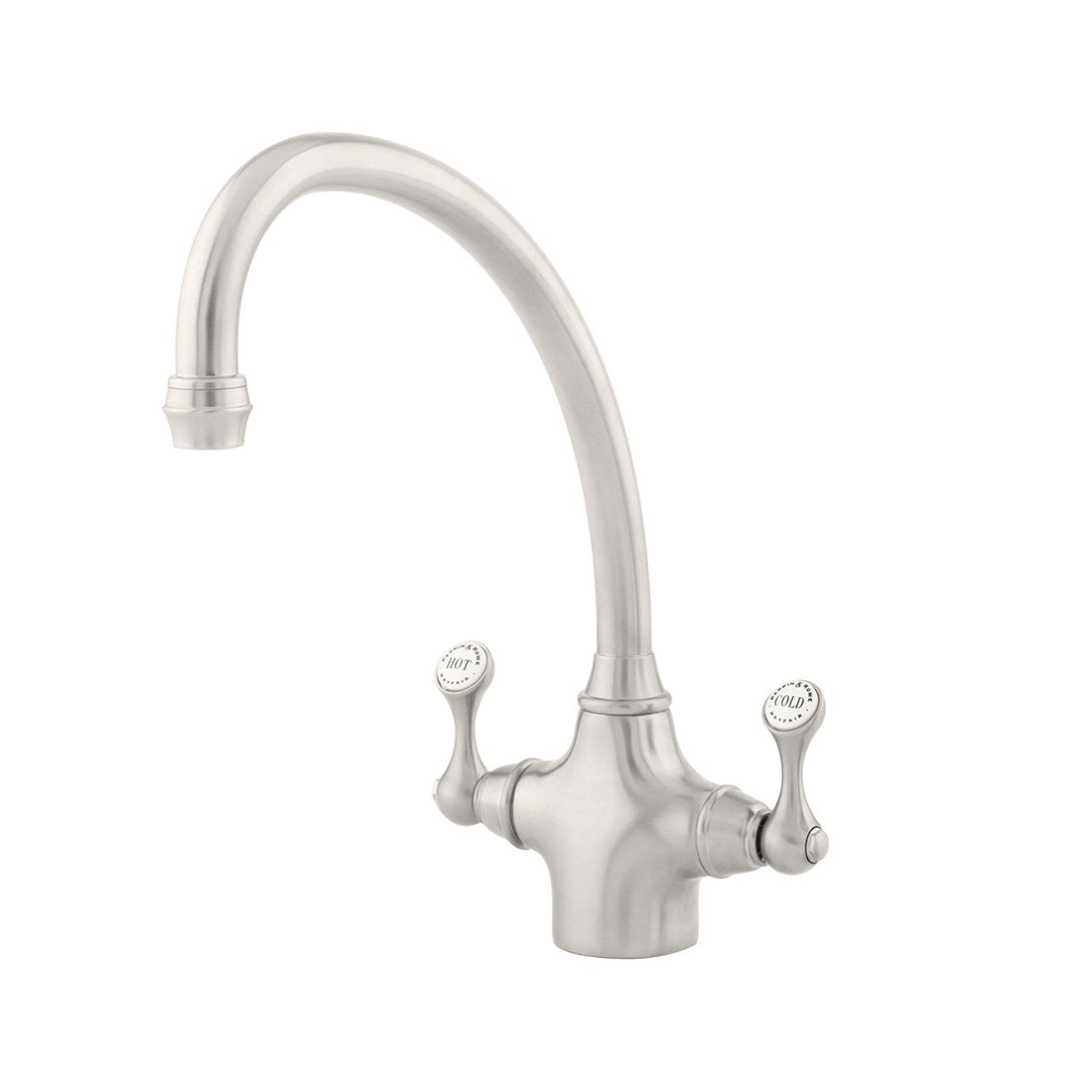 Küchenarmatur im klassischen Design mit zwei Drehgriffen für Warm- und Kaltwasser, Edelstahloptik Zweigriff-Küchenarmatur aus Edelstahl mit gebogenem Auslauf und getrennten Griffen für Warm- und Kaltwasser