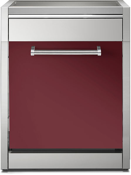 Spülmaschine mit Edelstahlrahmen und roter Front, modernes Küchendesign Moderne Spülmaschine mit Edelstahlgehäuse und bordeauxroter Front sowie waagerechtem Griff