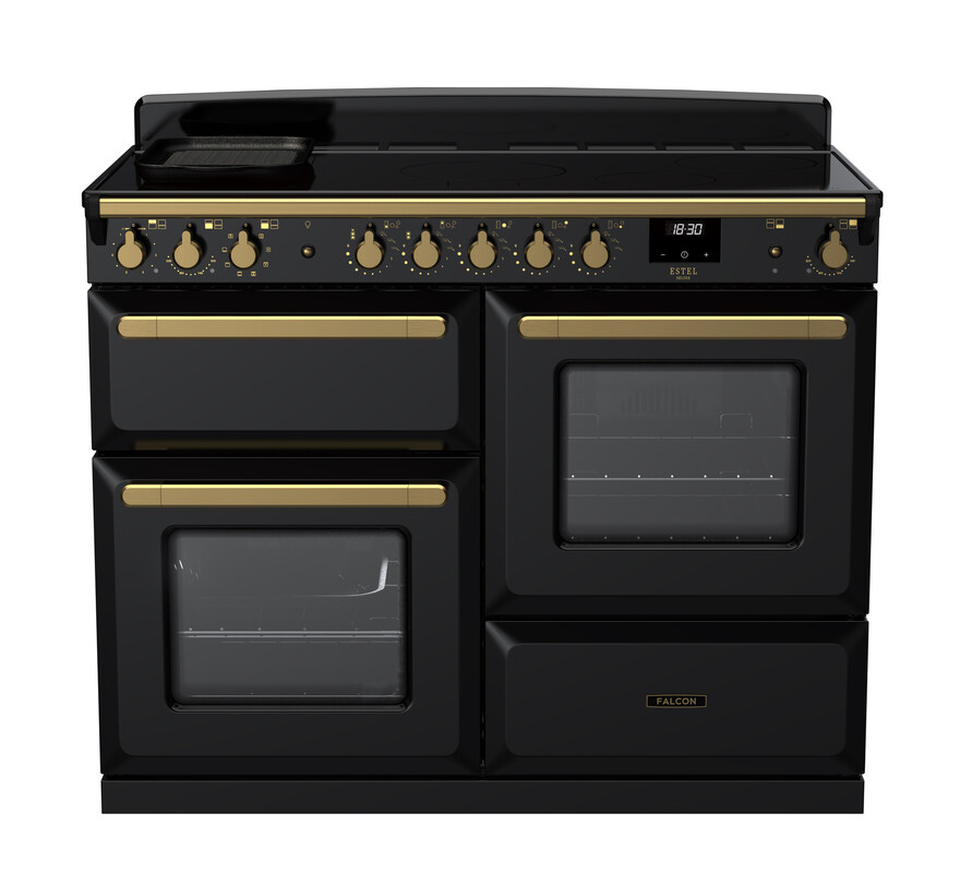 Schwarzer Herd mit goldenen Knöpfen und mehreren Backöfen, elegante Kombination aus Funktionalität und Design