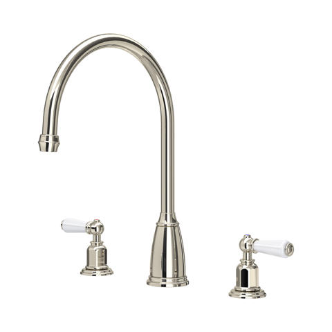 Klassische 3-Loch Waschtischarmatur mit hohem Schwanenhals und zwei weißen Keramikhebeln, Oberfläche poliertes Nickel – elegante Badarmatur für Waschbecken